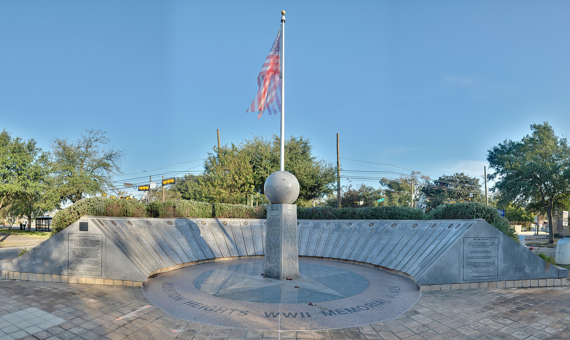 The Houston Heights World War II Memorial is on the plaza of the same name on the Heights Avenue esplanade at 11th Street (Houston, Texas, USA).